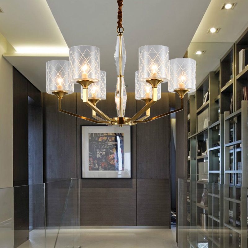 Grid Cylinder Shade Chandelier Elegant Style Metallic Ceiling Pendant in Gold for Study Room