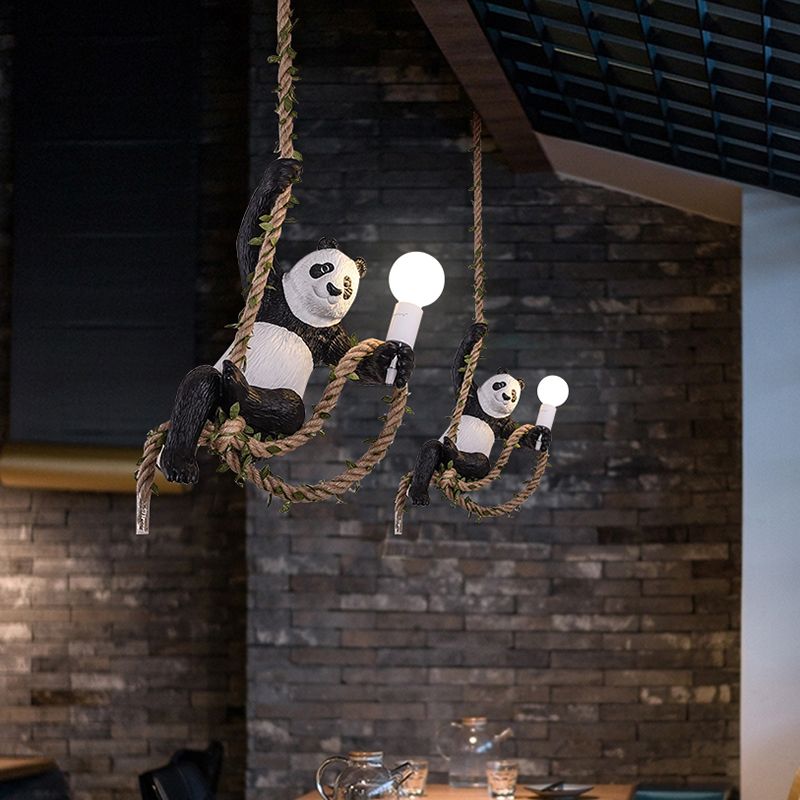 Panda Pendant Light Fixture Creative Resin 1 Bulb Hanging Lamp Kit with Rope Rod in Black and White