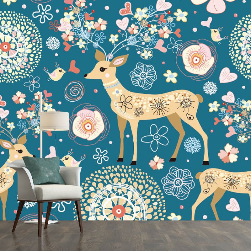 Yellow-Blue Sika Deer Murals Animal Childrens Art Moisture Resistant Wall Decor for Nursery