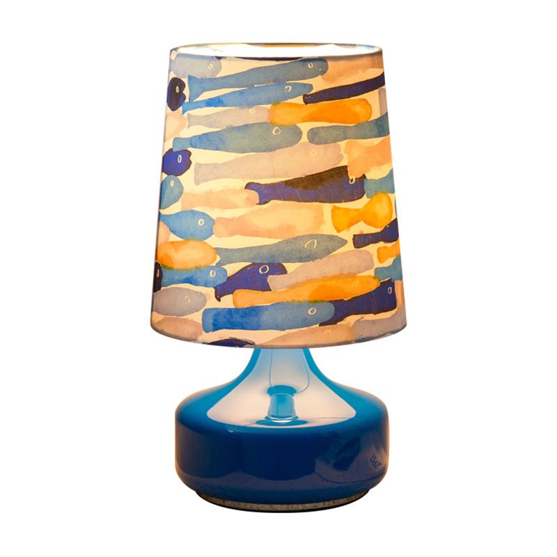 Barrel Table Lamp Kids Fabric 1 Bulb Dark Blue Reading Book Light with Fish School Pattern for Bedside