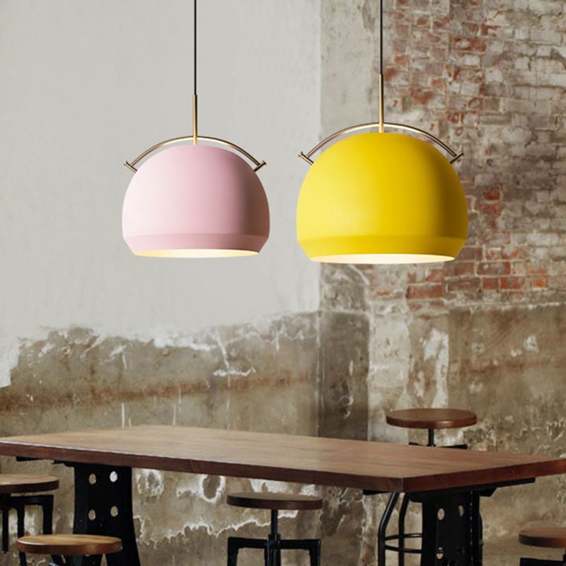 Aluminum Dome/Bell Drop Lamp Macaron 1 Bulb Hanging Pendant Light in Yellow/Pink/Blue with Curved Handle