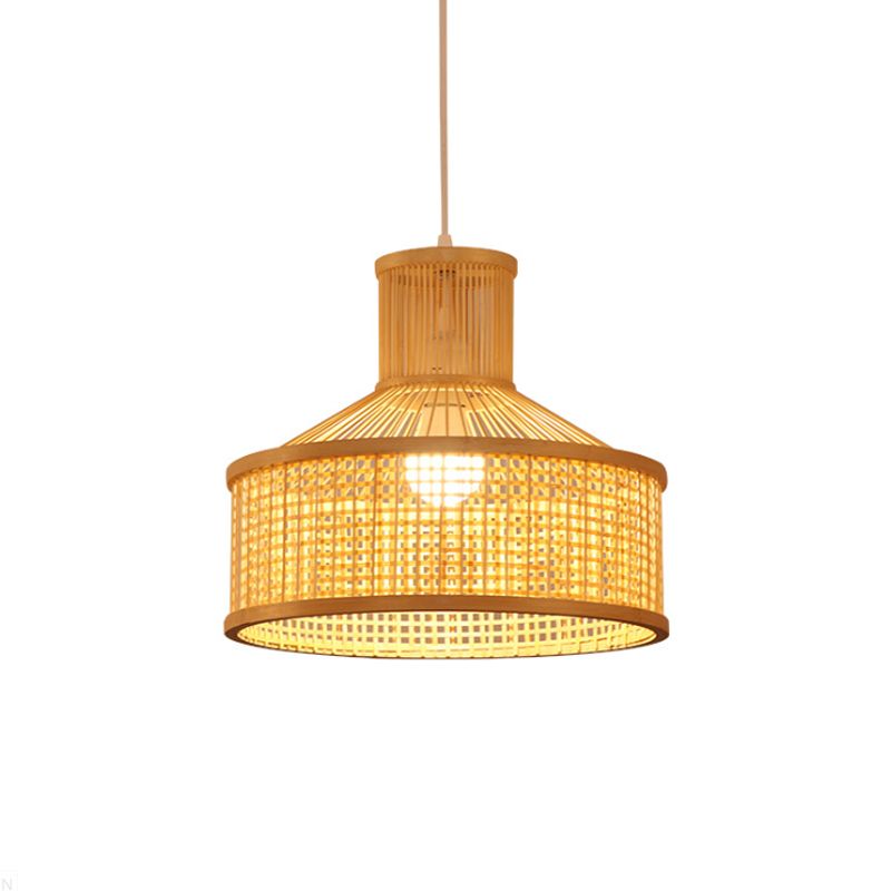 Lampe suspendue en forme de grange style contemporain bambou 1 tête de plafond beige têtes en beige