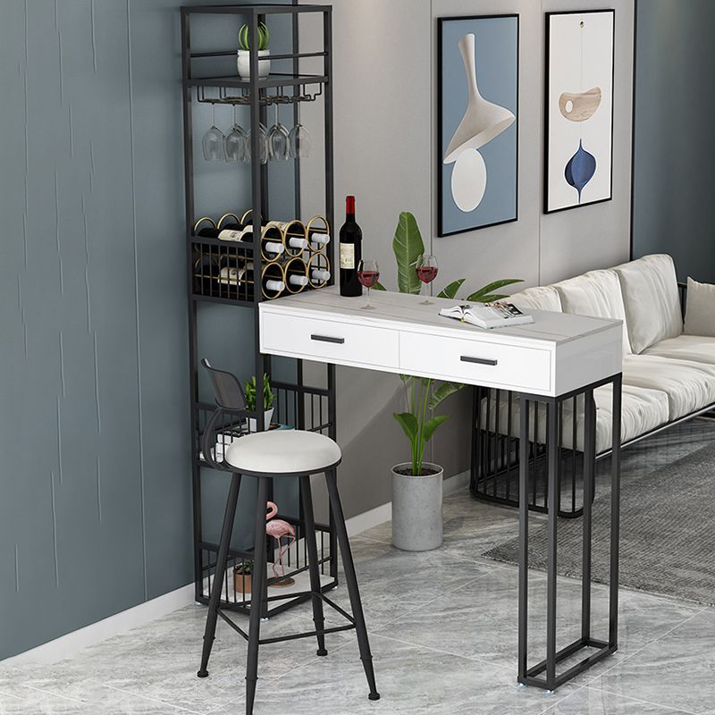 2-Drawer Modern Steel Bistro Table White Stone Top Indoor Bar Dining Table with Wine Rack