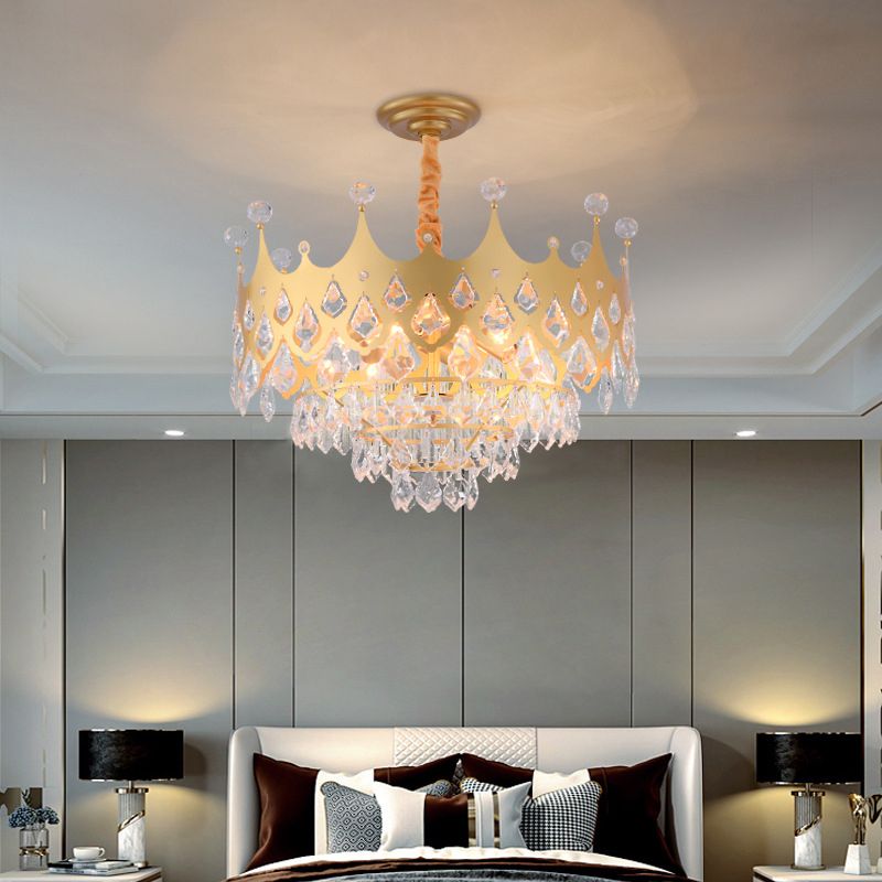 Postmodern Crown Shaped Chandelier Pendant Crystal Dining Room Hanging Light in Gold