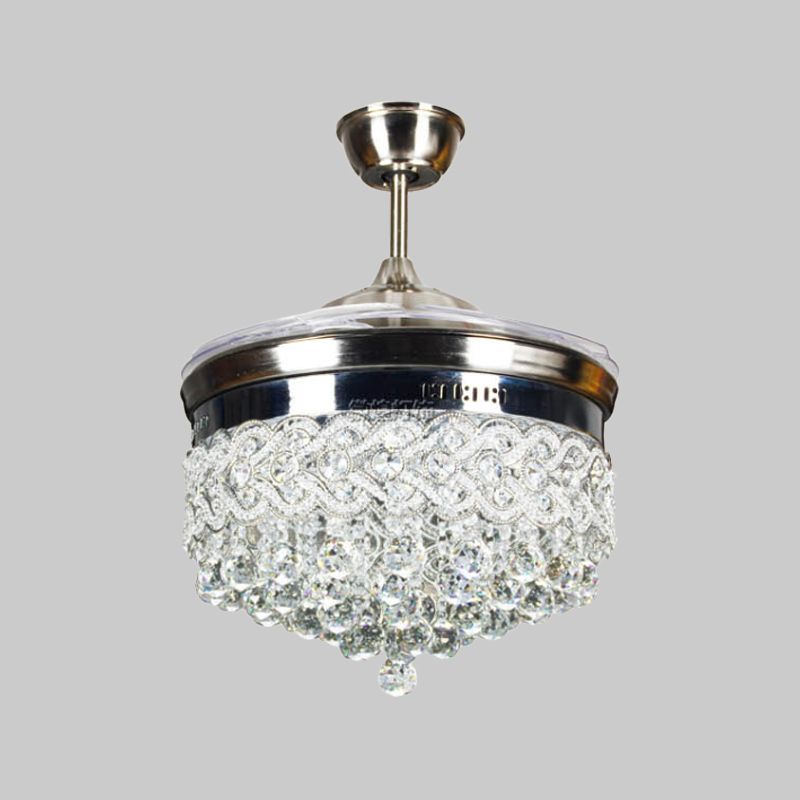 Crystal Orbs Tapered Semi Flush Light Modernism LED Silver Ceiling Fan Lamp with 4-Blade, 16" Wide