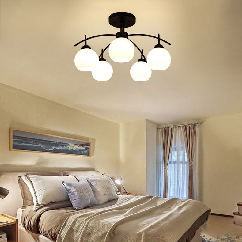 Black Sputnik Semi Flush Mount in Traditional Simplicity Wrought Iron Ceiling Light with Glass Shade