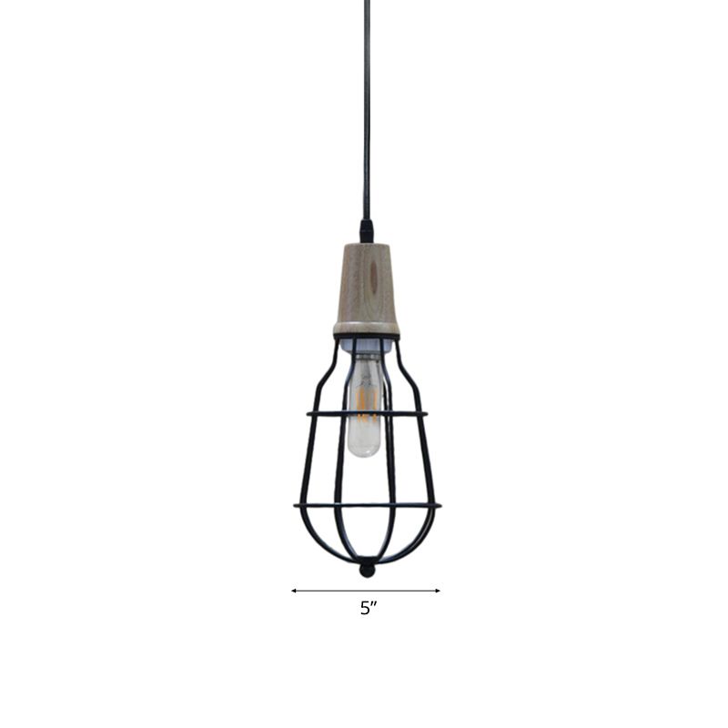 Mini Cage Suspension Light Rustic Lodge Metal 1 Éclairage pendentif de bulbe en noir pour café