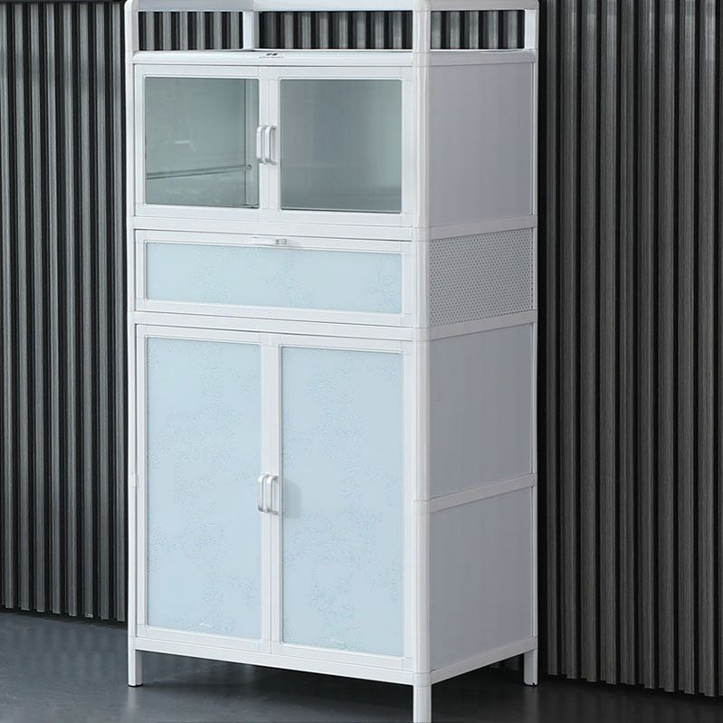 White Kitchen Buffet Stand Modern Metal Glass Doors Open Storage Buffet