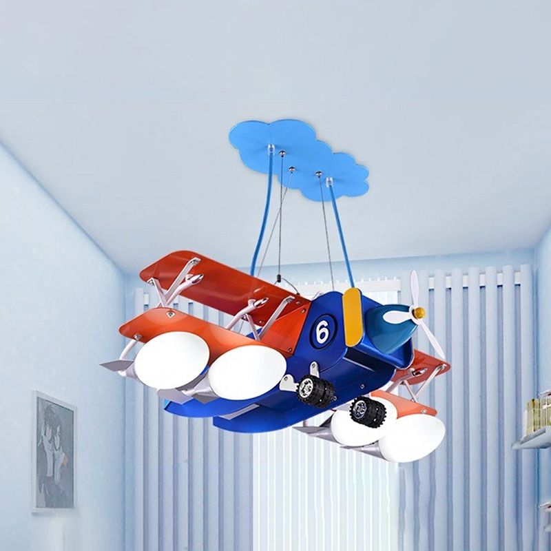 Blue and Red Biplane Chandelier Cartoon 4-Light Wooden Suspension Lighting with Oval Milk Glass Shade