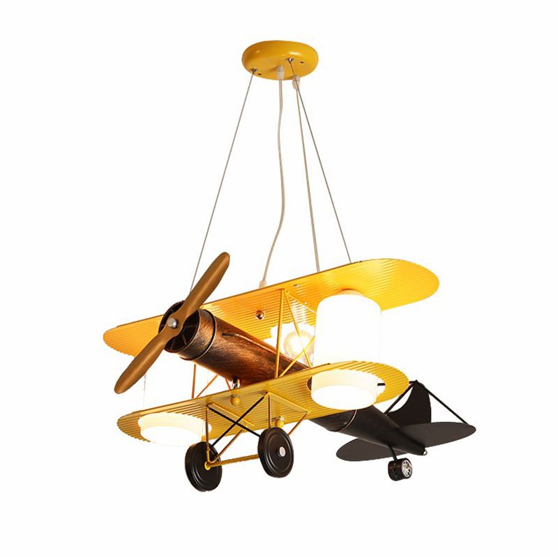 Aircraft Chandelier Pendant Light Cartoon Metallic Yellow LED Ceiling Light with Cylinder Frosted Glass Shade