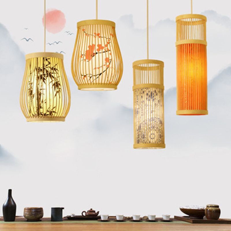 Chinoiserie Woven Hanging Light Fixture Bamboo Single Tea Room Ceiling Light with Print Lampshade