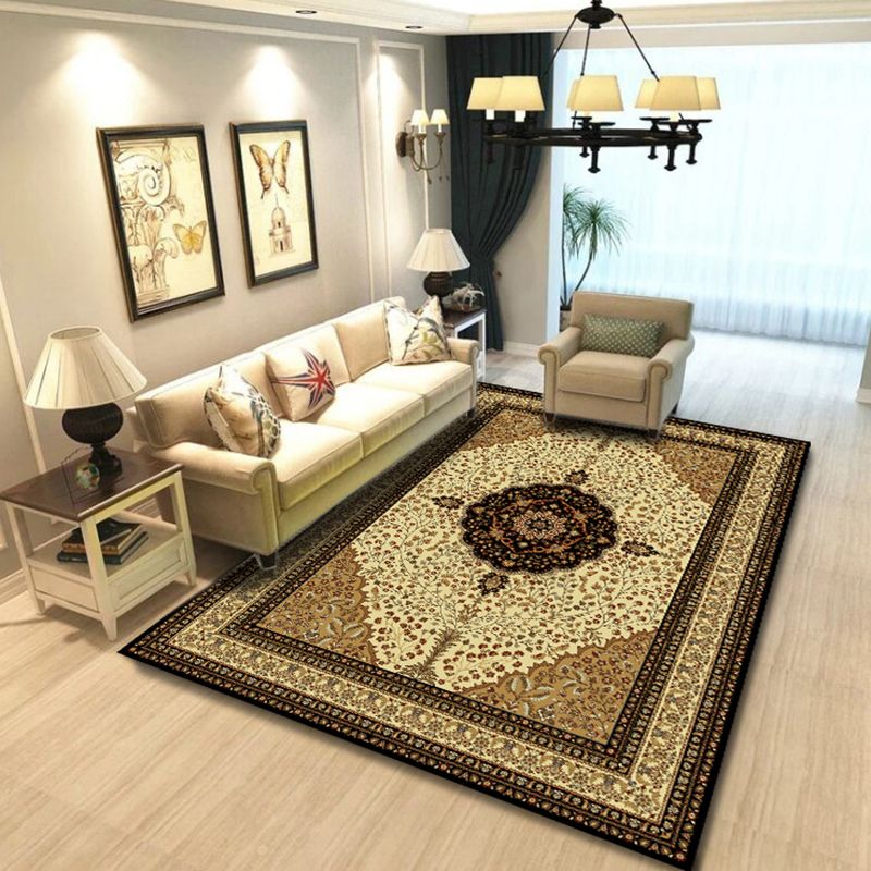 Red Tone Luxury Area Rug Polyester Medallion Rug Non-Slip Backing Indoor Rug for Home Decoration