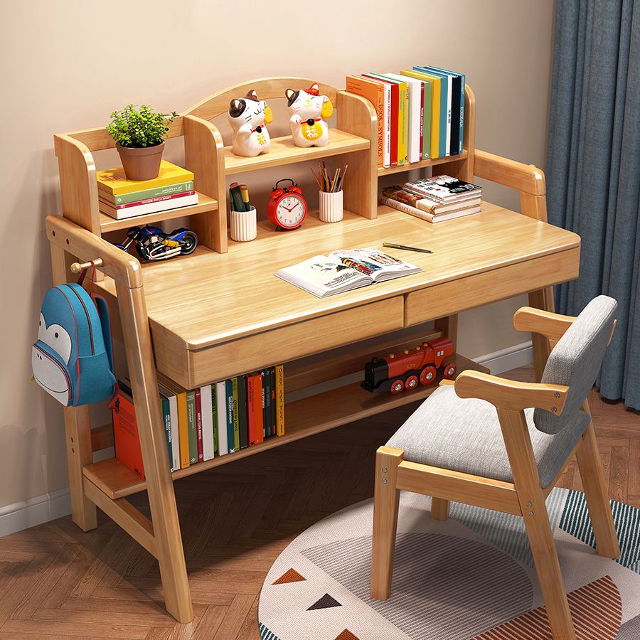 Wooden Children's Desk Home Desk with Chair Set with Storage Shelves