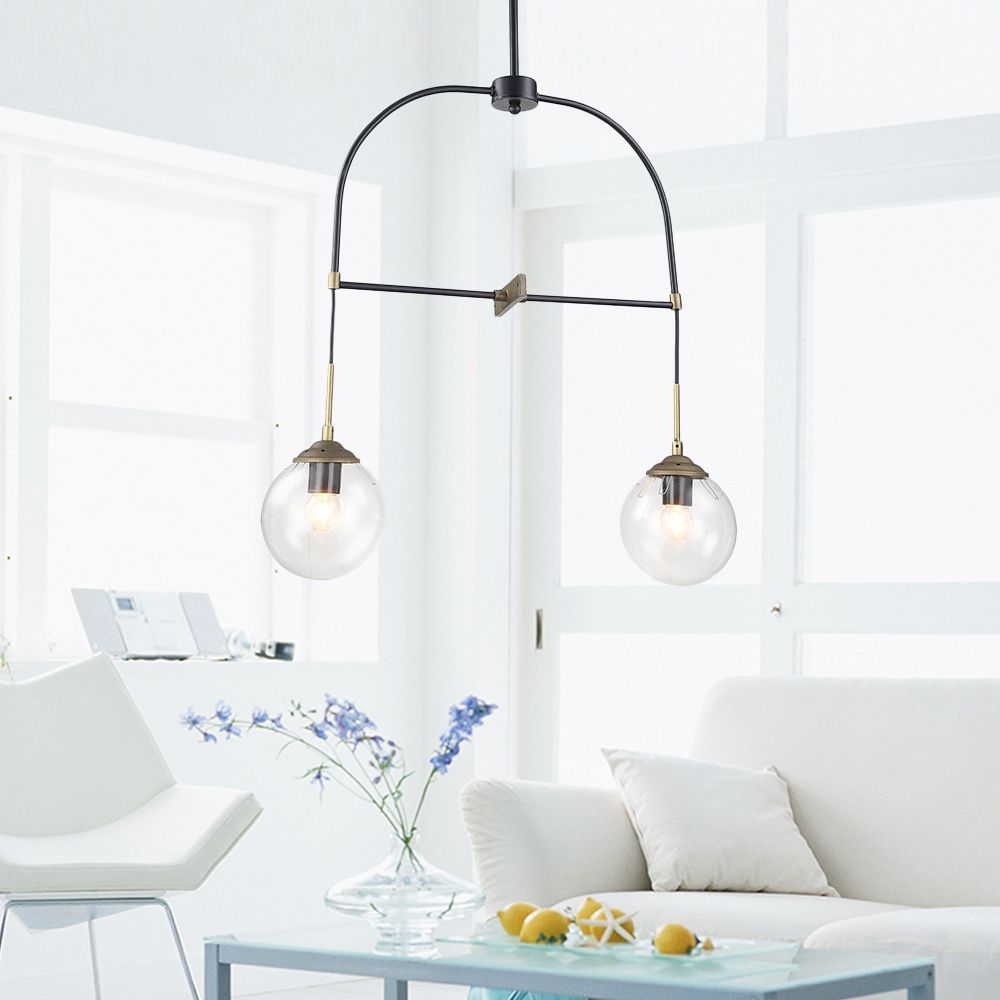 Black Arched Pendant Lamp 2 Lights Contemporary Metal Ceiling Pendant Light with Glass Shade for Cafe