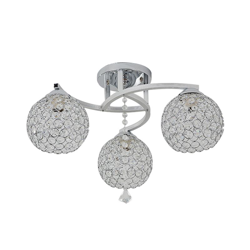 3/5 Lights Globe Semi Flush Light Fixture Simple Chrome Crystal Semi-Flush Mount for Living Room