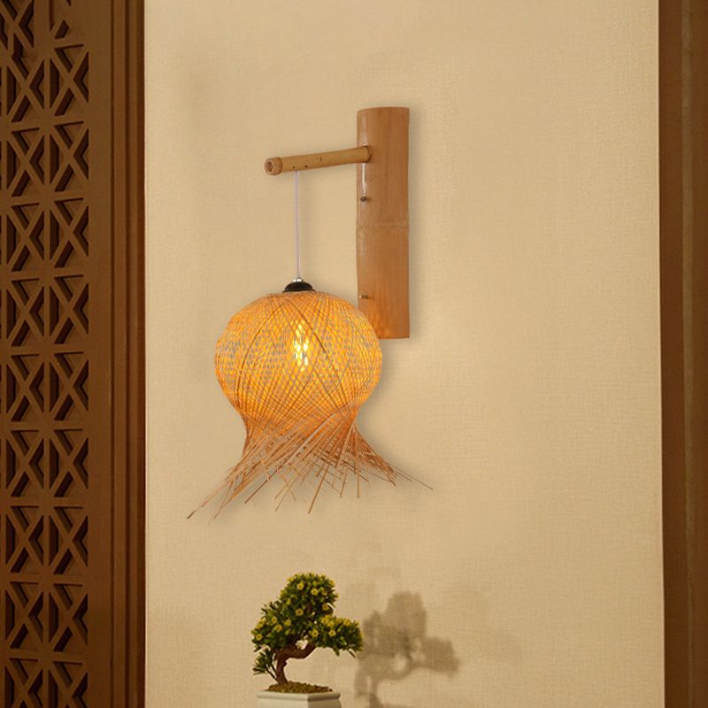 Light Lantern Sconce Light Chinese Bamboo 1 Bulb Wall Monted Lamp in Flaxen per casa da tè