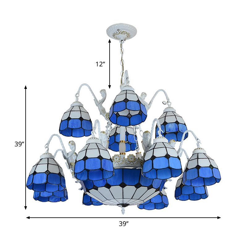 Grille bleu à motifs pendants légers Tiffany 15 lumières Lautres en lustre en vitrail avec décoration sirène