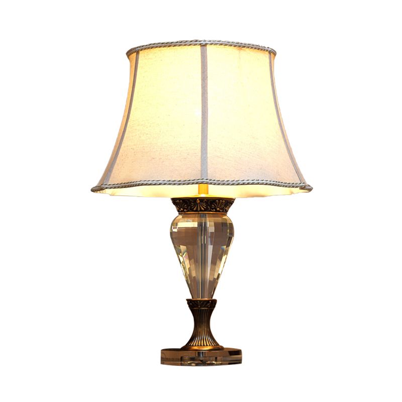 1 Light Bell Nightstand Light Countryside Beige Fabric Table Lamp with Clear Crystal Accent