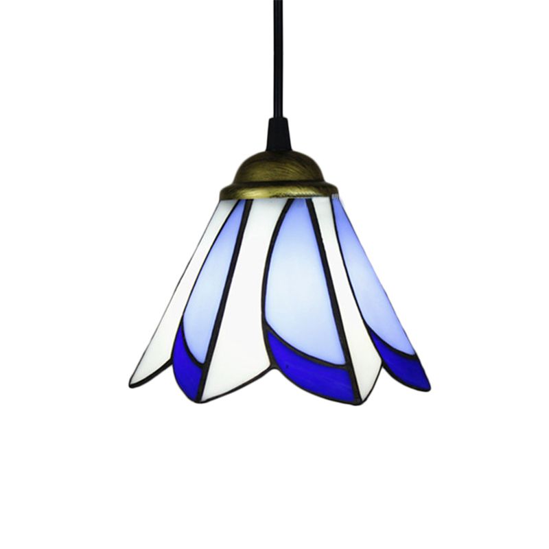 Tiffany-Style Floral Pendulum Light 1 Head Handcrafted Art Glass Suspension Lamp in Blue/Green for Foyer