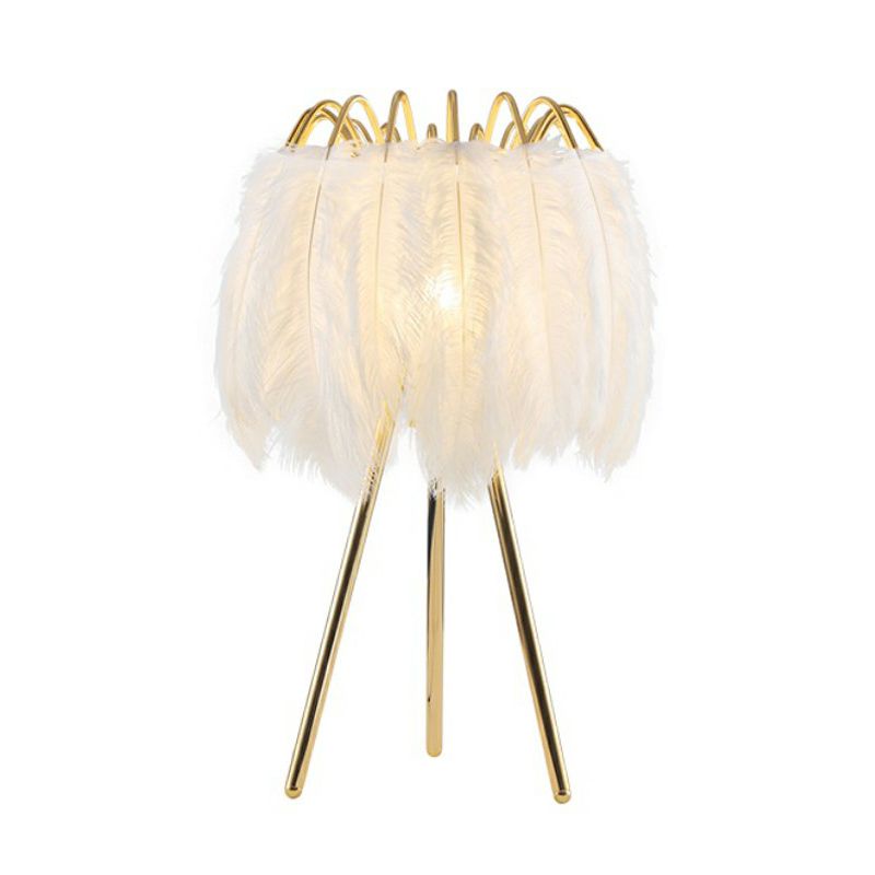 Tripod Shaped Night Lighting Minimalistic Metallic 1 Bulb Living Room Table Light with Feather Shade in Gold