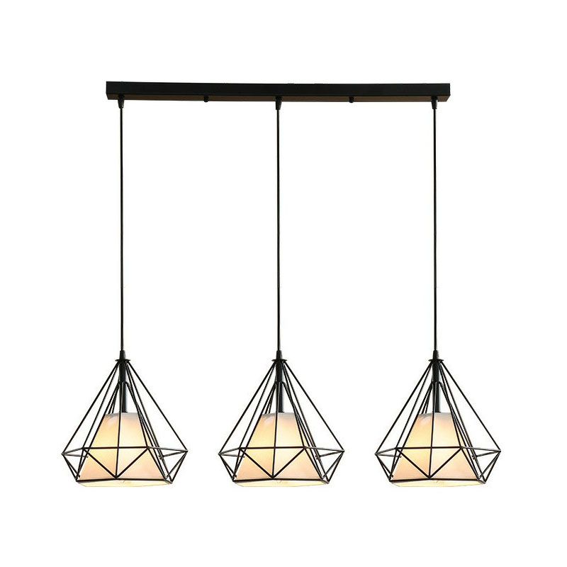 Fabric Conical Hanging Light Antique 3 Heads Dining Room Multi Light Pendant with Diamond Cage