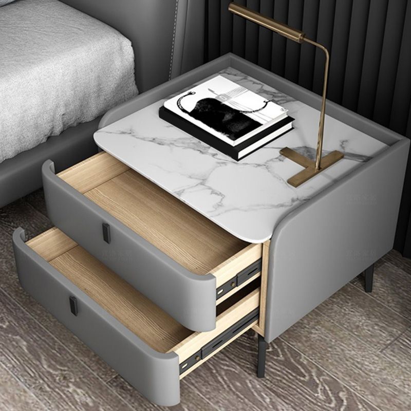 Modern Bedside Cabinet Stone Accent Nightstand with 2 Drawers