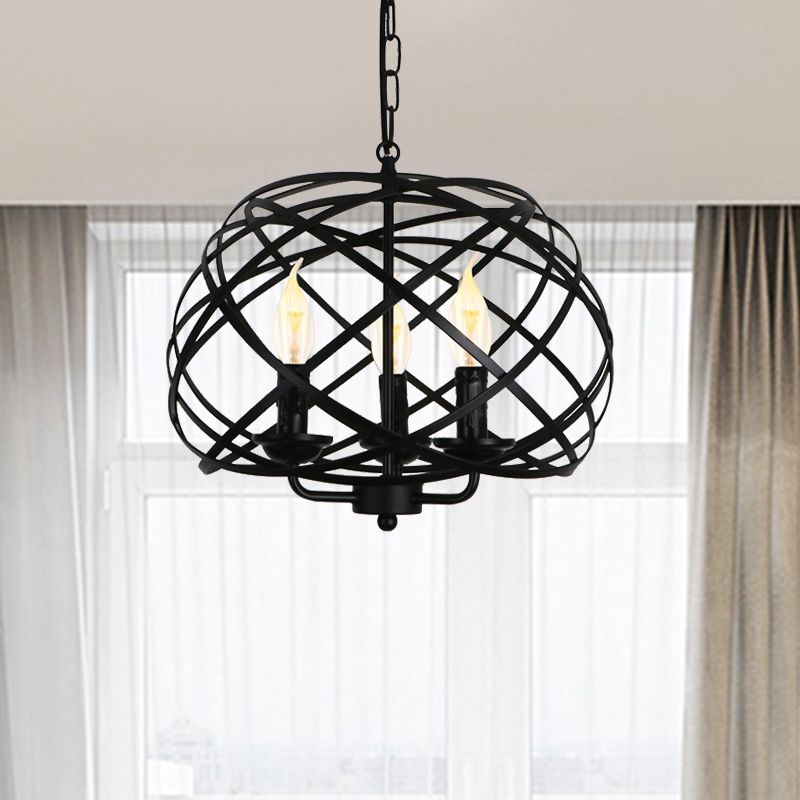 Industrial Geometric Ceiling Light with Cage Shade 3 Bulbs Metal Chandelier Lamp in Black for Kitchen