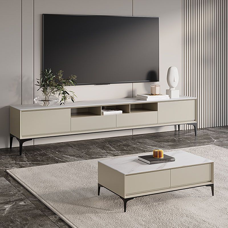 Modern Stone & Wood TV Stand 18.11" H 3/4-Drawer TV Console with Shelves