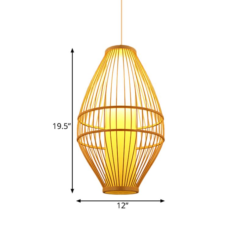 Beige Hand-Woven Hanging Light with Oval Shade Asian Style 1-Light Bamboo Pendant Lamp