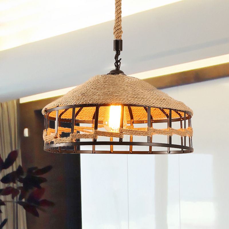 Mongolian Yurts Rope Pendant Vintage 1 Light Restaurant Ceiling Hang Fixture in Beige with Wire Cage, 12"/16"/19.5" W