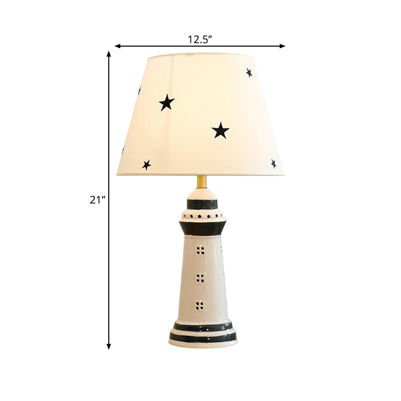 Conical Fabric Table Lamp Nordic 1 Bulb White Reading Book Light with Lighthouse Resin Base