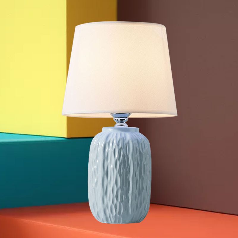 Single Hammered Ceramic Night Lamp Modern Pink/Blue/Yellow Oval Table Lighting with Tapered Lampshade