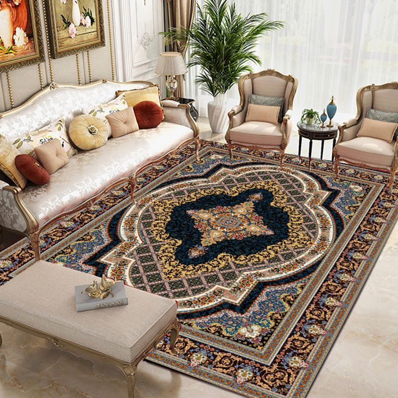 Moroccan Polyester Rug Retro Medallion Print Carpet Stain Resistant Area Carpet for Home Decor