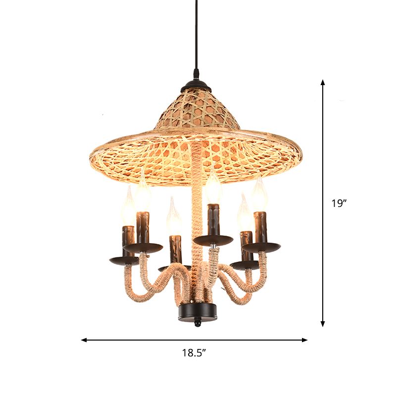 Candle Style Bistro Ceiling Chandelier Lodge Jute Rope 6/7 Bulbs Brown Hanging Lamp with Bamboo-Woven Hat Top