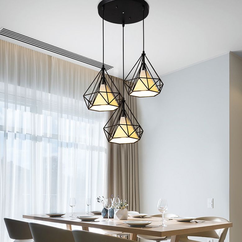 3 Lights Diamond Cage Pendant Industrial Iron Ceiling Pendant with Hanging Cord for Bar