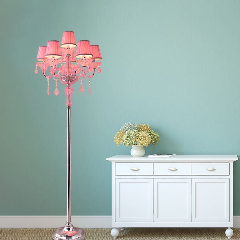 Crystal Pink Floor Reading Lamp Candlestick 5/6/7-Head Traditional Standing Light with Pleated Lampshade