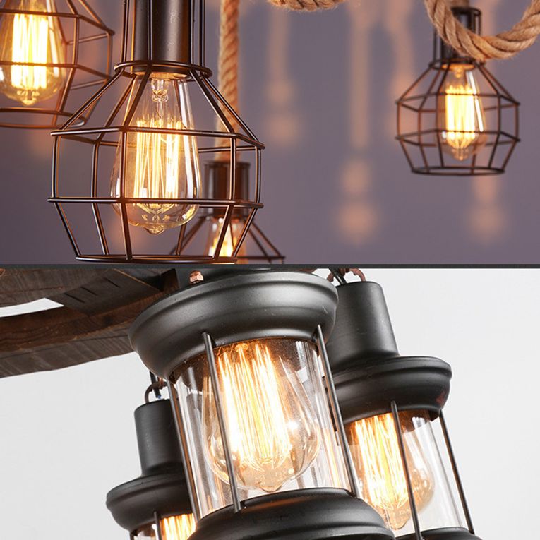 Black Wire Cage Wagon Wheel Chandelier Lights Antique Industrial Hemp Rope Restaurant Drop Lamp