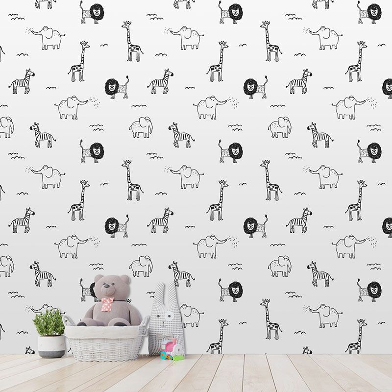 Contemporary Wall Covering Grey and White Giraffe and Elephant Wallpaper Roll, 29.1 sq ft.