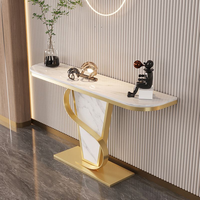 Glam Style Half Moon Console Table with Golden Steel Pedestal Base