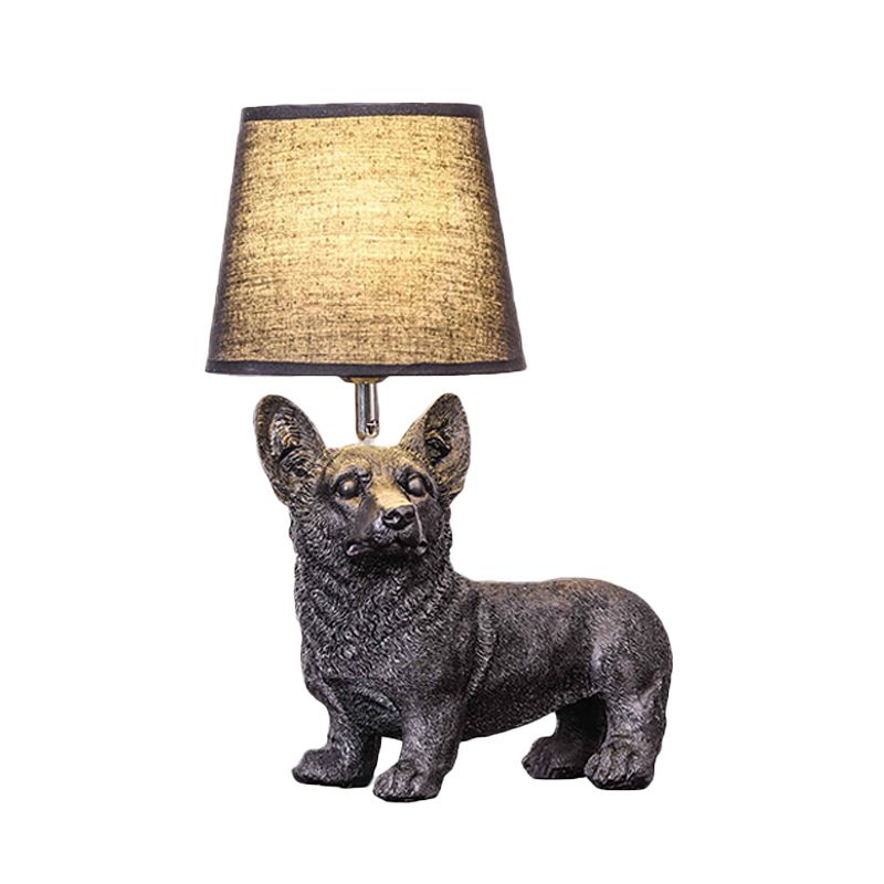 Sitting/Standing Dog Night Table Light Creative Resin 1 Head Black Table Lighting with Barrel Fabric Shade for Bedroom