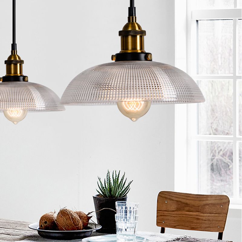 Grid Glass Brass Ceiling Light Bowl/Dome/Saucer Shade 1-Light Industrial Hanging Light Fixture for Kitchen