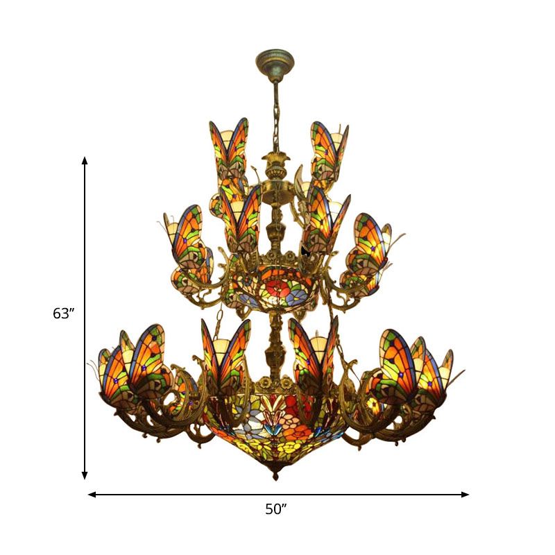 Multi-Colored Butterfly Chandelier with Flower Tiffany Exquisite Glass Pendant Light for Living Room