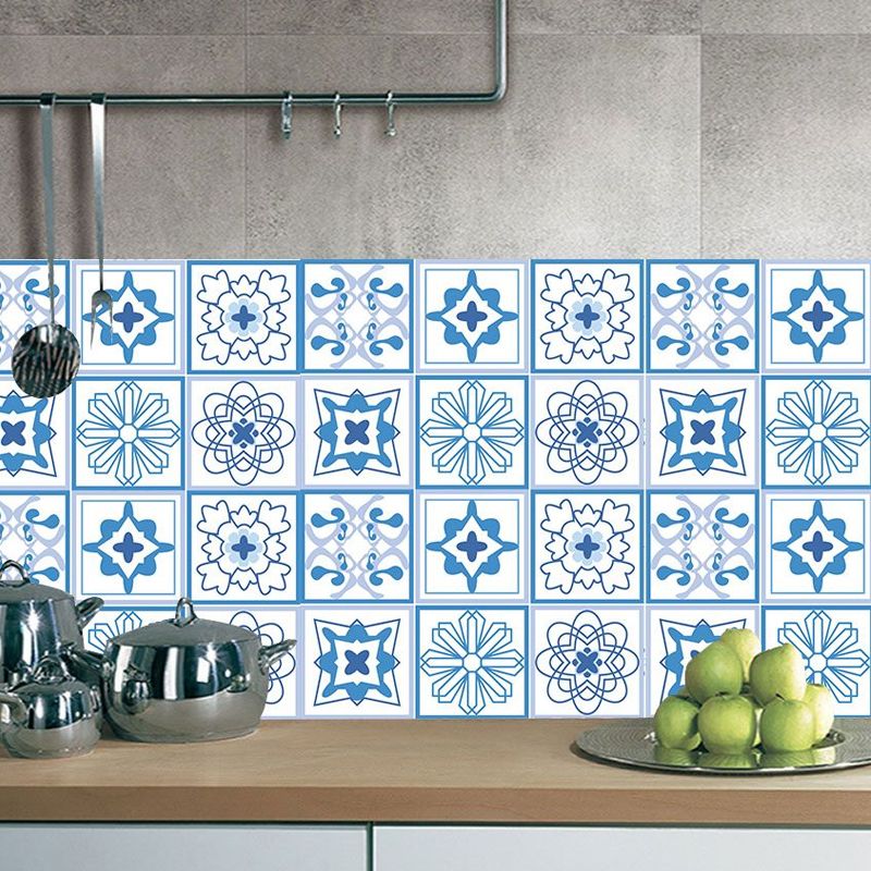 Blue Floral Wallpaper Panel Set Mosaic Tile Boho Self Sticking Wall Covering for Accent Wall