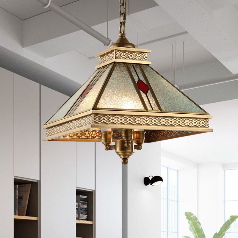 Pyramid Shaped Bedroom Ceiling Chandelier Retro Frosted Glass 3 Lights Gold Hanging Light Kit