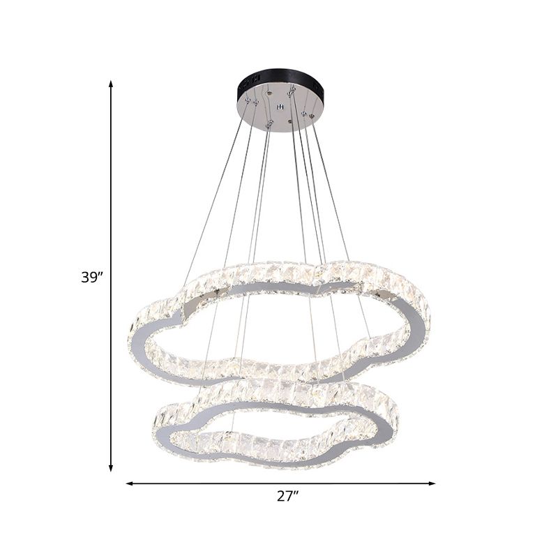 Chrome Finish LED Chandelier Simple Inlaid Crystal 2-Tier Cloud Shaped Pendant Light Kit, Warm/White Light