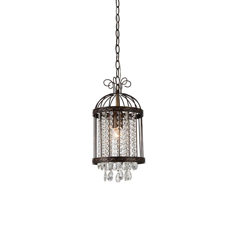 Metal Bird Cage Hanging Light Fixture Vintage 1 Light Pendant Light with Crystal Beaded Strand in Antique Bronze