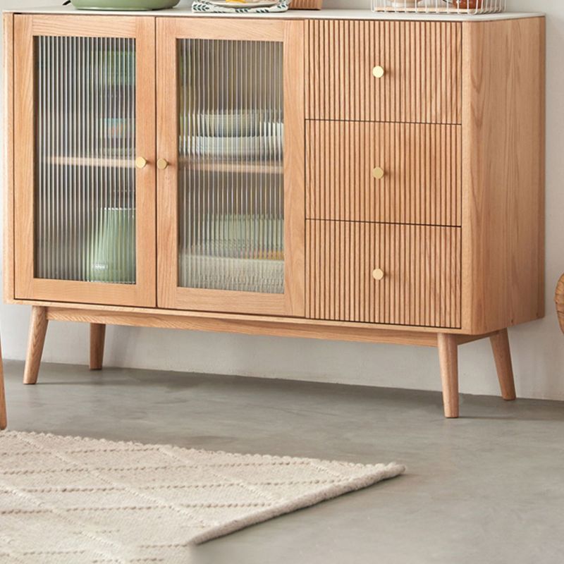 Oak Finished Sideboard Modern Style Glass Door with 3 Drawer