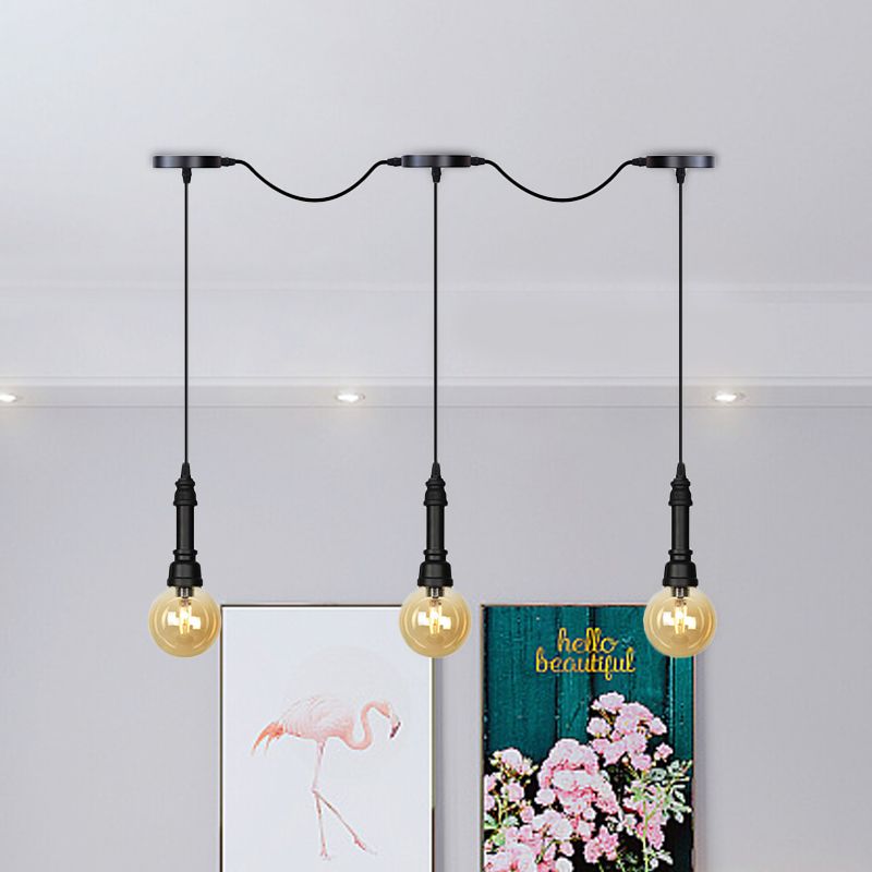 Bernsteinglas Ball Multiple Hanging Light Vintage 3/5/7 Light Coffee House Tandem LED-Decke Anhängerlampe in Schwarz