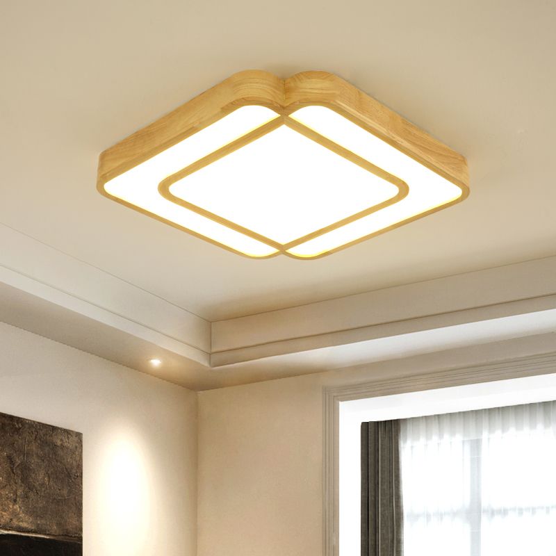 Diamond Shape Bedroom LED Flush Mount Lamp Wooden Simple Flush Light Fixture in Beige