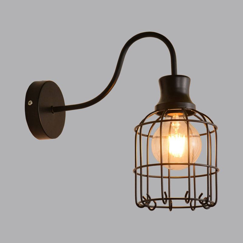 Metal Bird Cage Wall Mount Lighting with Gooseneck Arm Vintage 1 Head Wall Light Sconce in Black